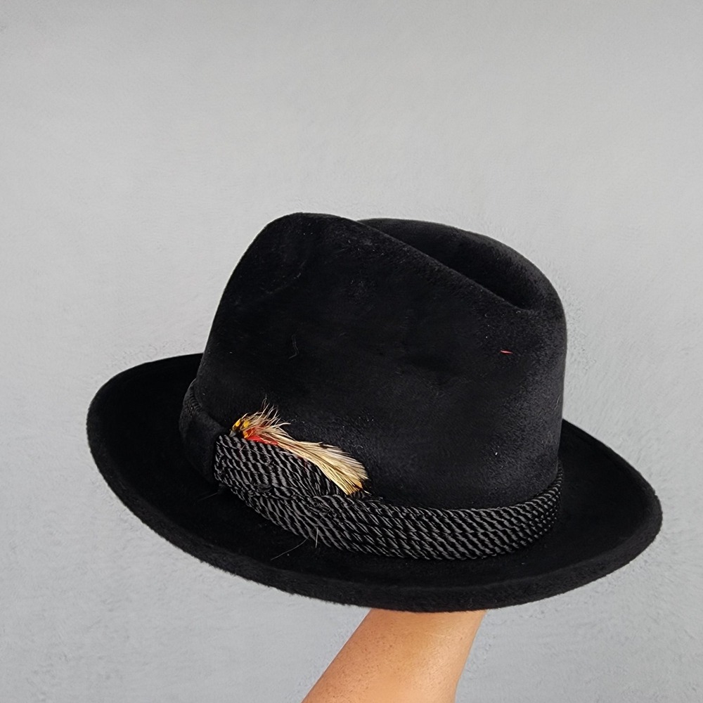 Vintage Flechet Hat Fedora Fitted Mens 7 Black Velour Fur Felt Lined USA Feather